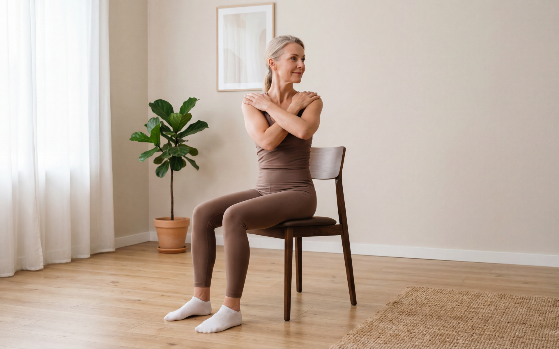 A woman demonstrates chair stretching exercises by sitting upright on a chair and performing a seated torso twist with her arms crossed over her chest.